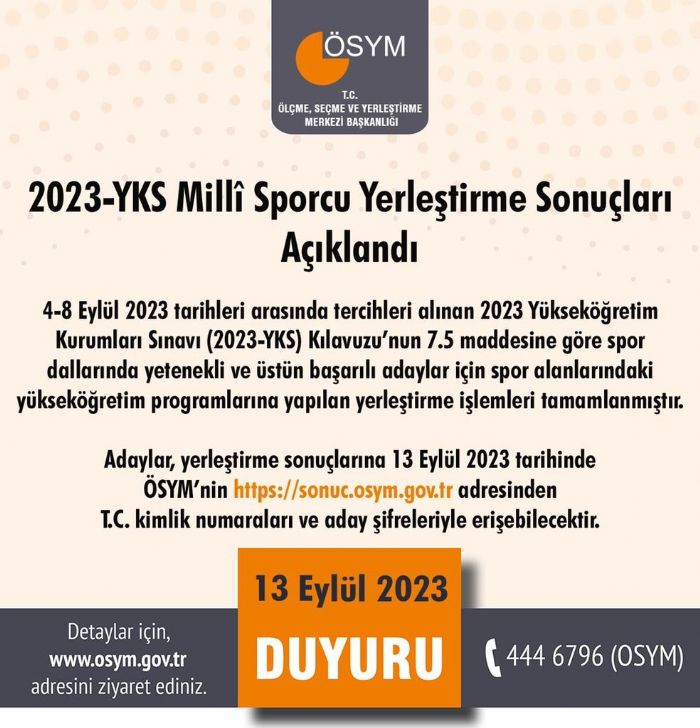 2023-YKS Milli Sporcu yerleştirme sonuçları açıklandı