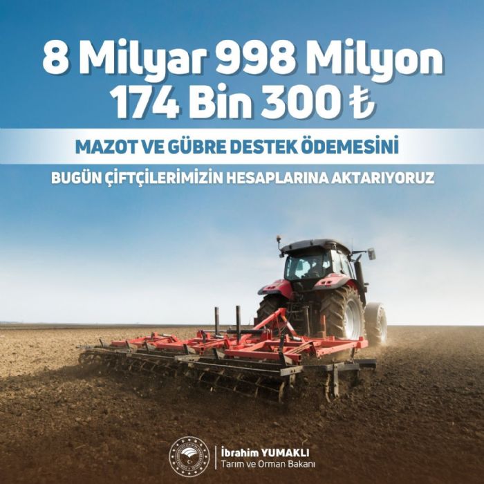 Bakan Yumaklı: “Yaklaşık 9 milyar liralık destek ödemesi çiftçilerimizin hesaplarına aktarılıyor”