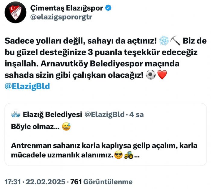 Elazığspor ve belediye arasındaki kar mizahı sosyal medyada ilgi gördü